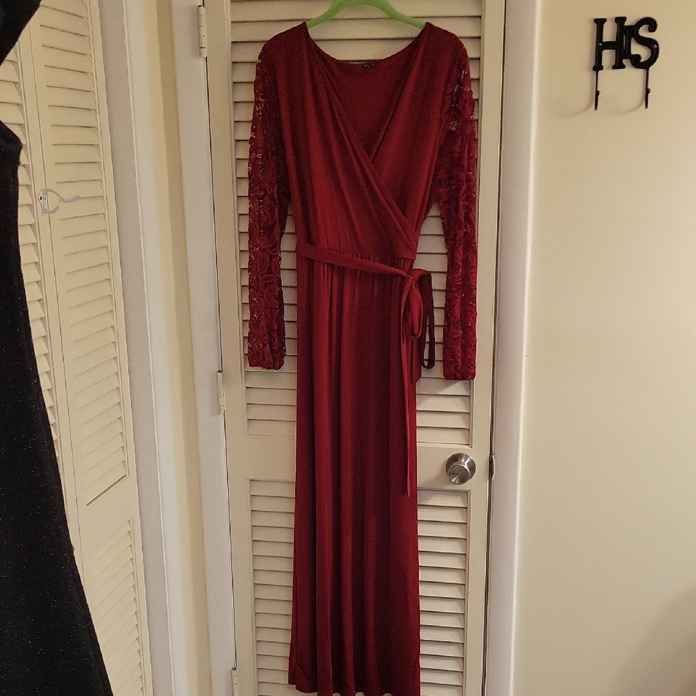 Red Long Sleeve V-Neck Wrap Gown